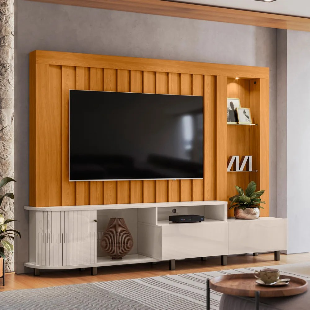 Estante de TV 70 Pol 243cm Ripado Sala de Estar Nivora M20 - D'Rossi - Cinamomo e Off White