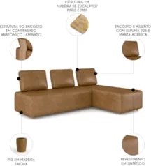 Sofá 3 Lugares Com Chaise 222cm Rovier Sintético Caramelo Z32 - Mpozen