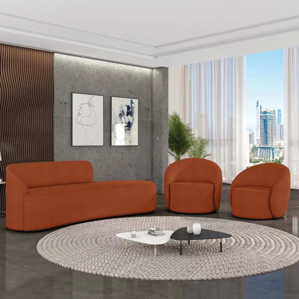 Sofá 4 Lugares Orgânico 220cm Morgan e 2 Poltronas Lua Bouclê D03 - D'Rossi - Terracota