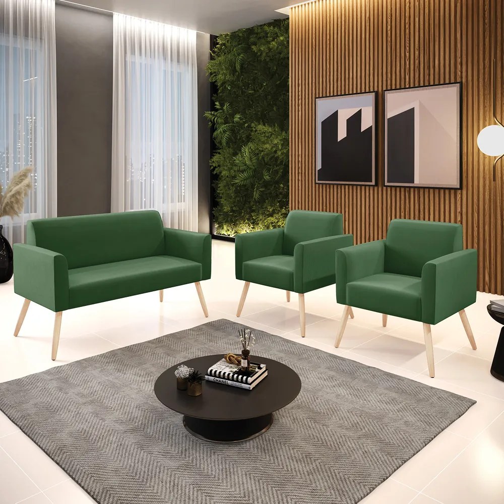 Sofá Namoradeira com 2 Poltronas Pés Palito Natural Marisa Suede D03 - D'Rossi - Verde