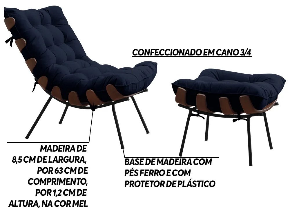 Conjunto Decorativo Poltrona e Puff Abel Base de Madeira Preto Veludo Azul G41 - Gran Belo