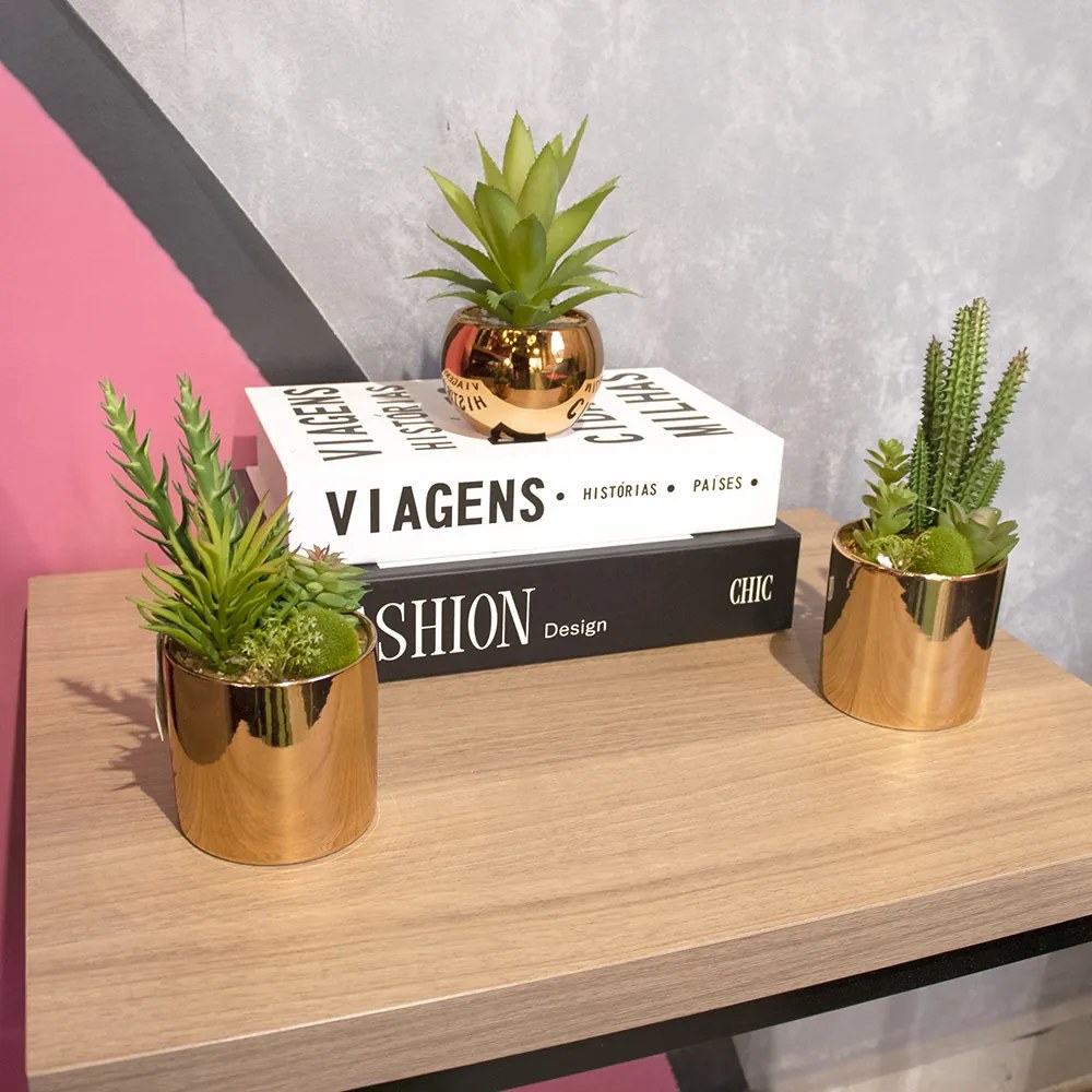 Vaso Decorativo Dourado Com Cactos e Suculenta Artificial - D'Rossi