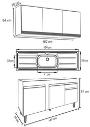 Armário Aéreo Argélia e Balcão Gabinete com Pia Inox 150cm Dakota Cast