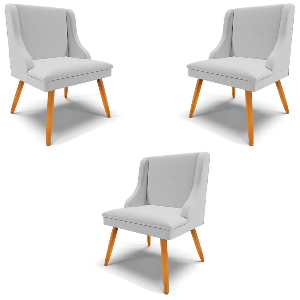 Kit 3 Cadeiras Decorativas Sala de Jantar Pés Palito de Madeira Firenze Linho Cinza/Natural G19 - Gran Belo