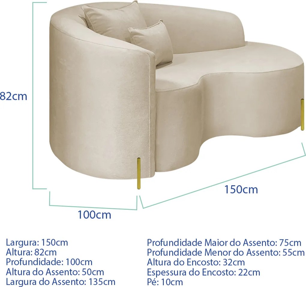 Divã Recamier Curvo Sala de Estar Recepção Inglaterra 150cm Pés Metal Dourado Lado Direito Linho