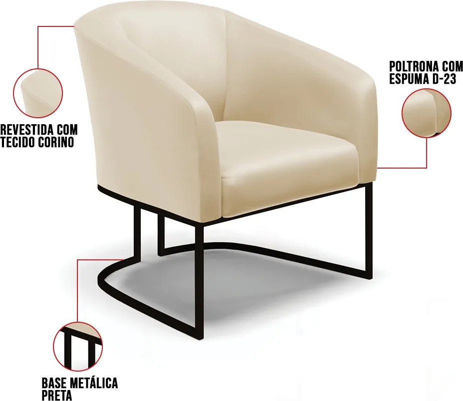 Poltrona Decorativa Industrial Preto Stella Sintético Bege D03 - D'Rossi