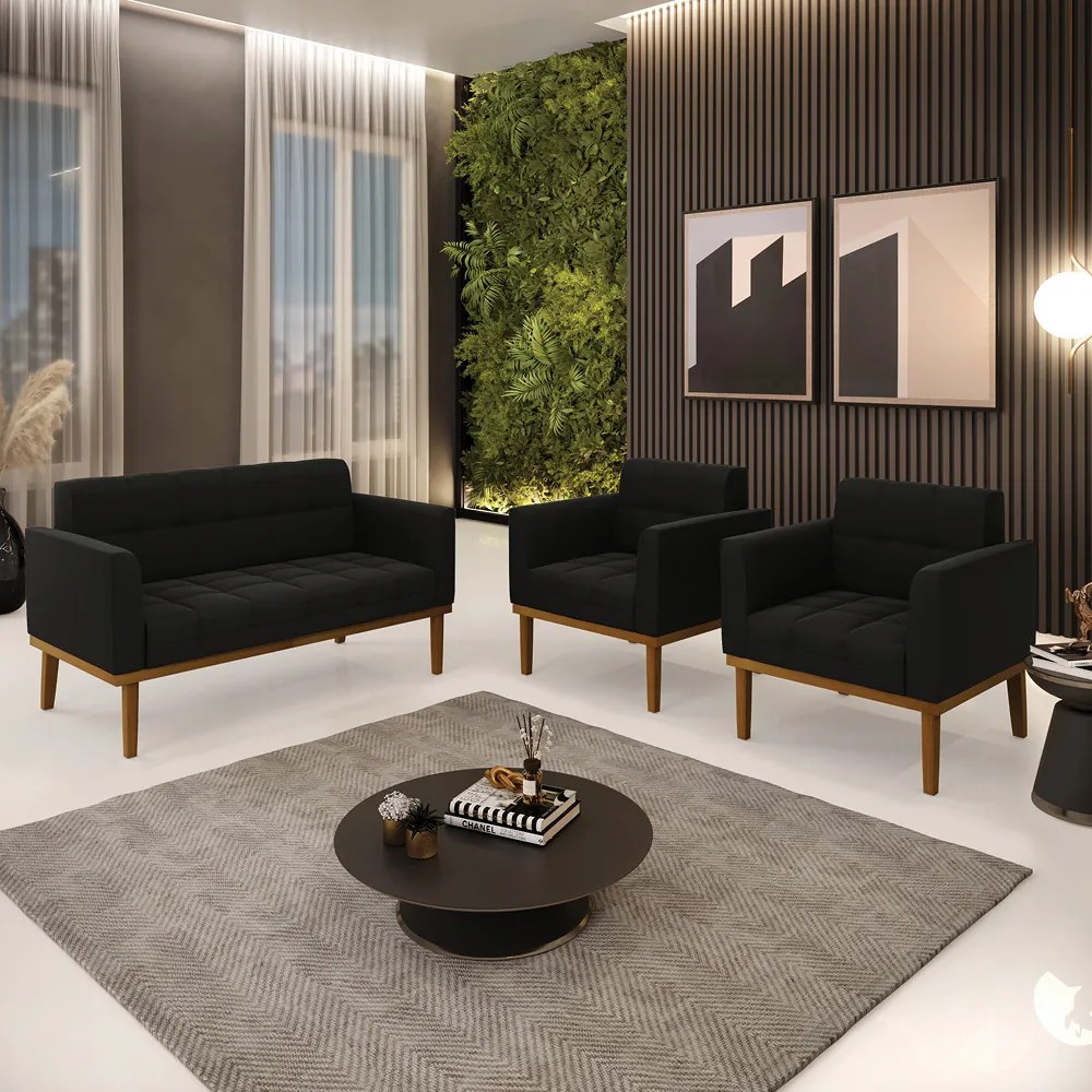 Namoradeira com 2 Poltronas Base de Madeira Castanho Elisa Suede D03 - D'Rossi - Preto