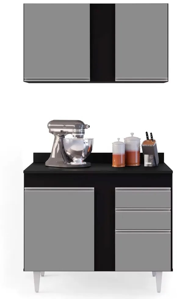 Kit Armário Aéreo e Balcão de Cozinha Lavanderia Aurora com Tampo 100cm L06 - D'Rossi  - Preto e Cinza