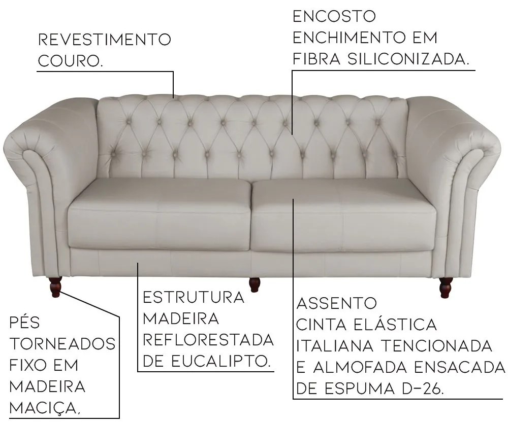 Sofá 3 Lugares Maggiore 240cm Couro Off White G58 - Gran Belo