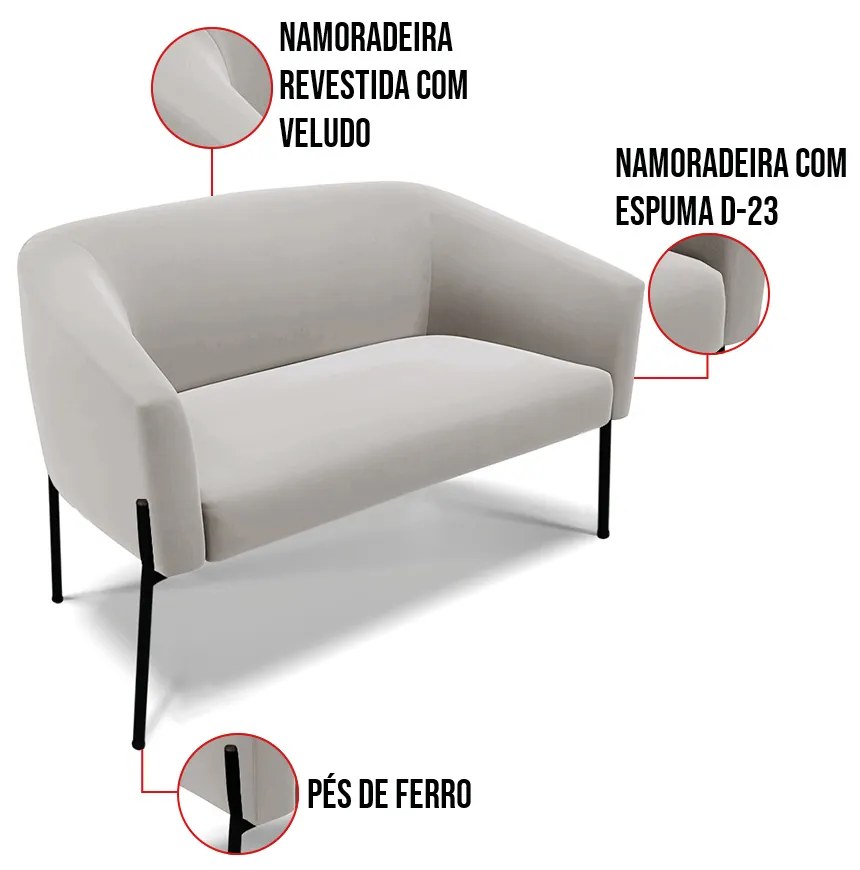 Sofá 2 Lugares Namoradeira Pé de Ferro Preto Stella Veludo D03 - D'Rossi - Cinza