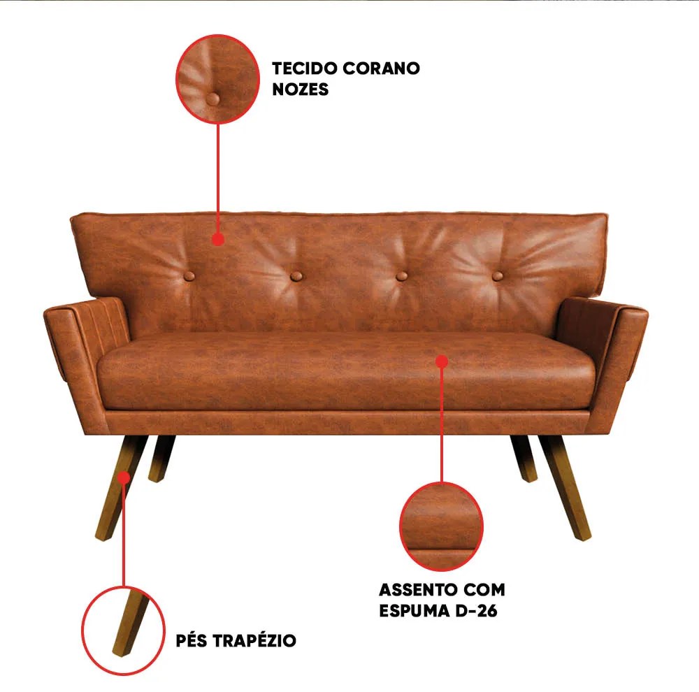 Sofá 2 Lugares Namoradeira Pé de Madeira Anitta Sintético PU Nozes D03 - D'Rossi