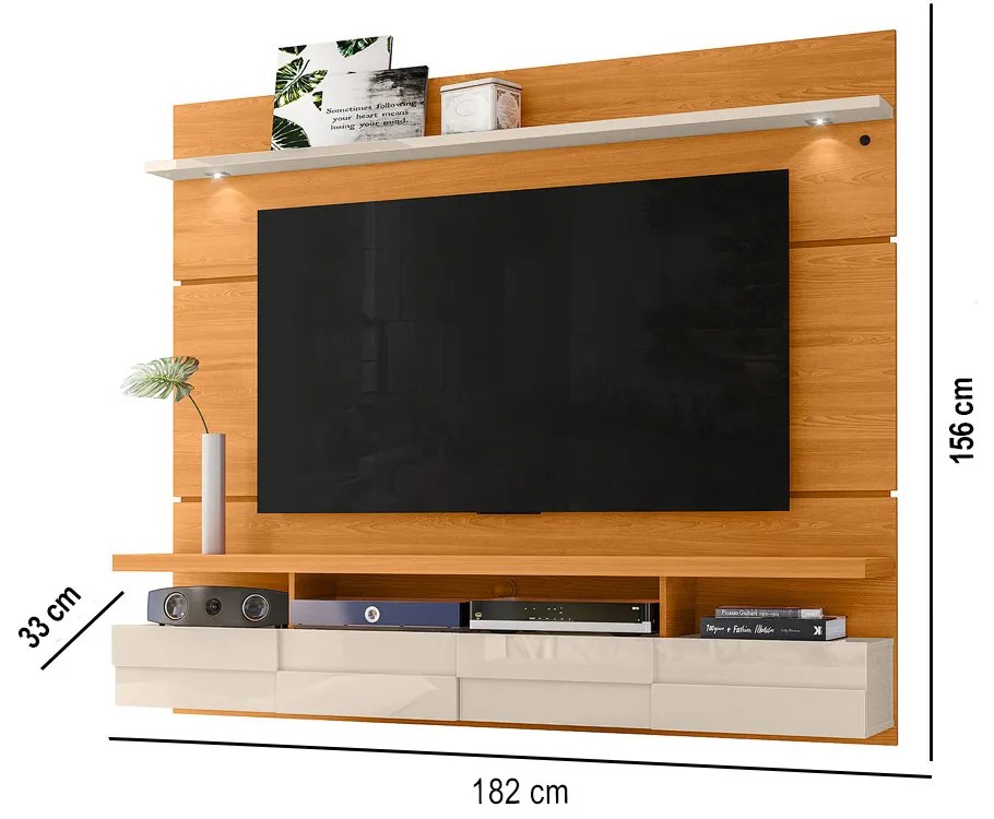 Painel TV 60 Pol 182cm Bancada Suspensa para Sala Quelen M20 - D'Rossi - Cinamomo e Off White