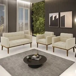 Sofá Namoradeira e 2 Poltronas Base Madeira Castanho Ana Suede Bege -