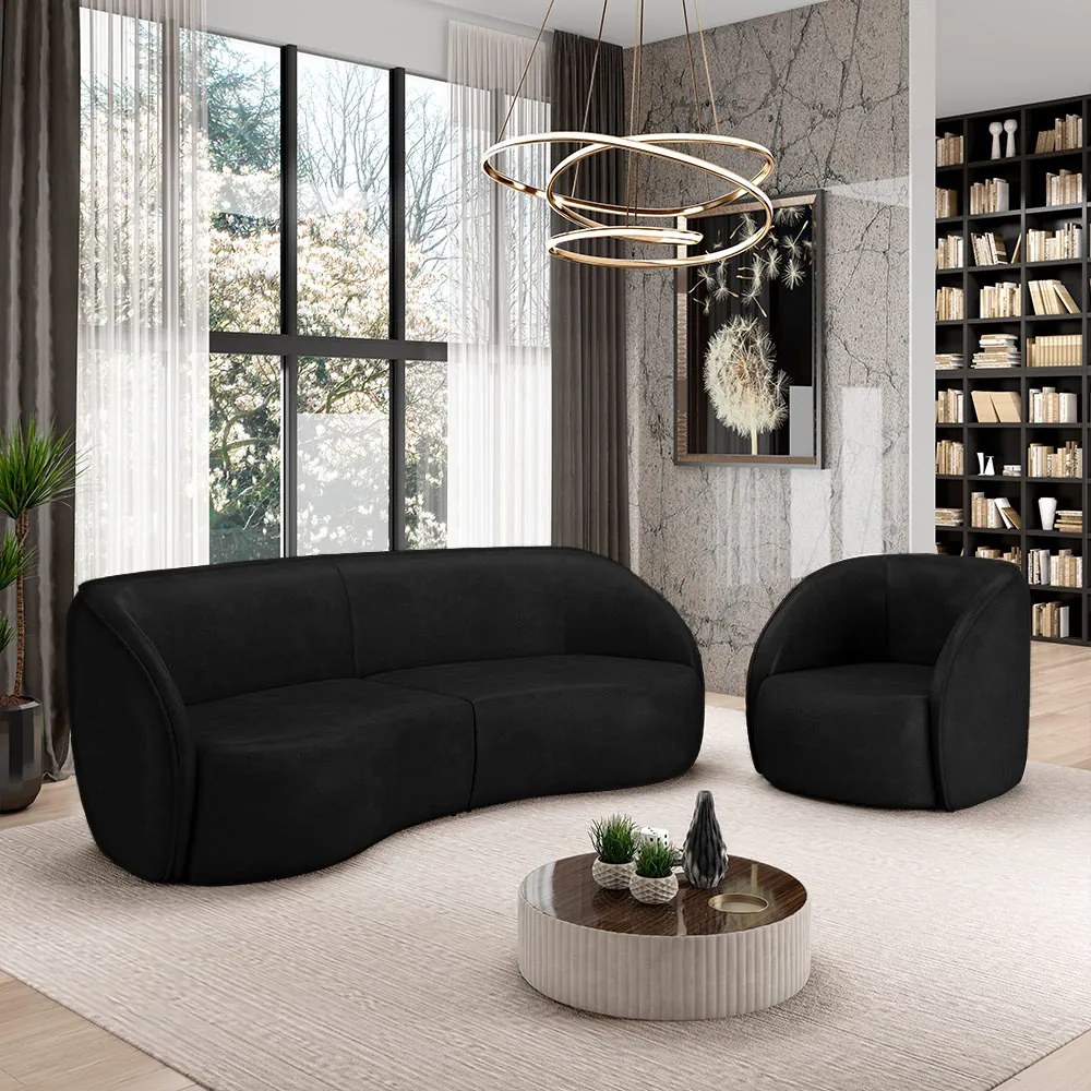 Conjunto Sofá Sala de Estar Bipartido 240cm e Poltrona Clarke PU Preto Manchado G45 - Gran Belo