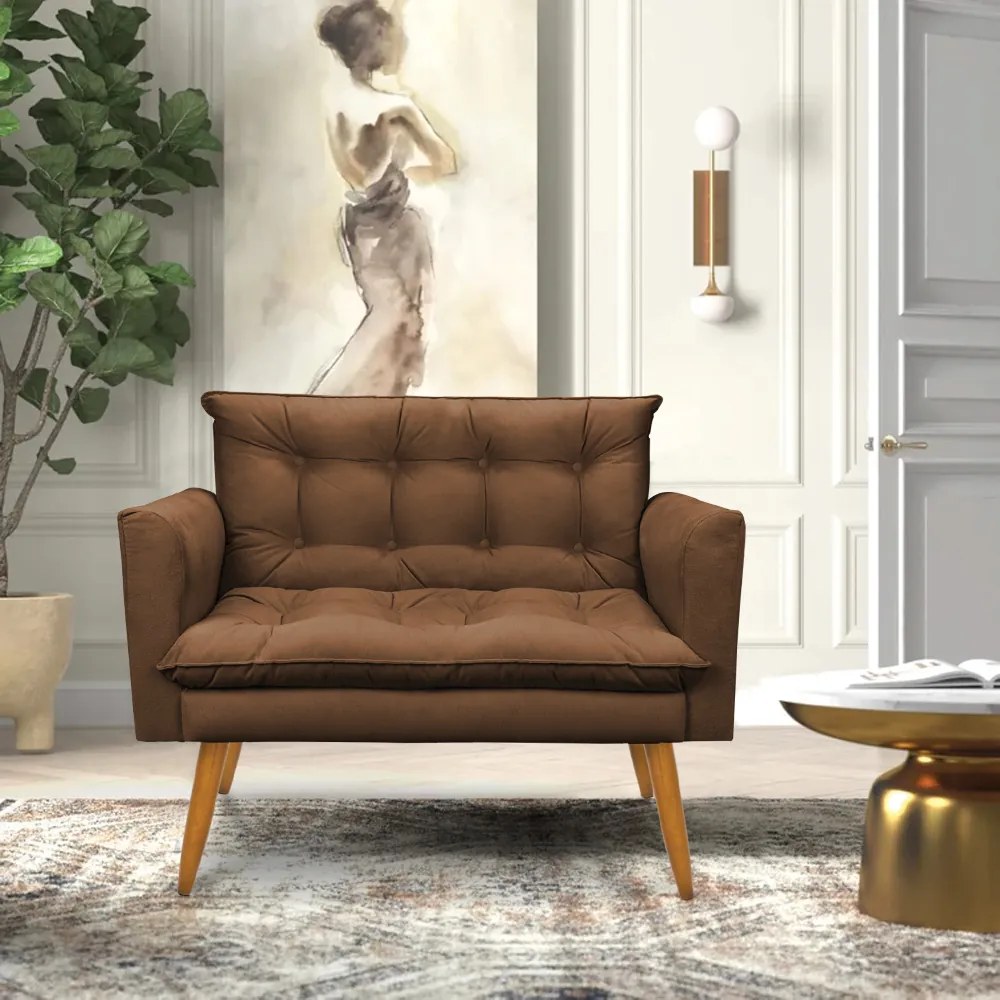 Kit 1 Sofá Namoradeira e 2 Poltronas Tais Suede Marrom Pés Palito Castanho - D'Rossi