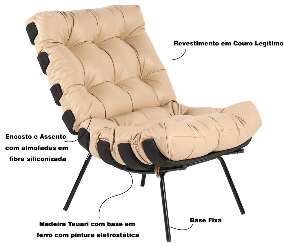 Kit 2 Poltrona Decorativa Sala de Estar Costela Base Preta Couro Bege G34 - Gran Belo