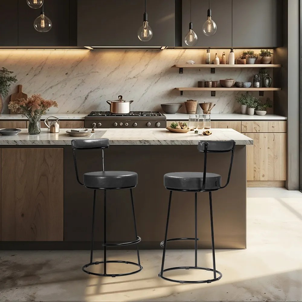 Banqueta Alta Cozinha 70cm Encosto Industrial Aço Kit 2 Ziria Pu S02 - D'Rossi - Preto