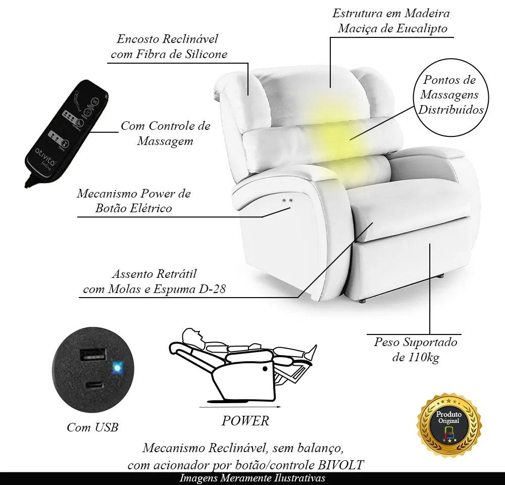 Poltrona do Papai Reclinável Napoli Power Touch Massagem PU FH1 - D'Rossi - Branco