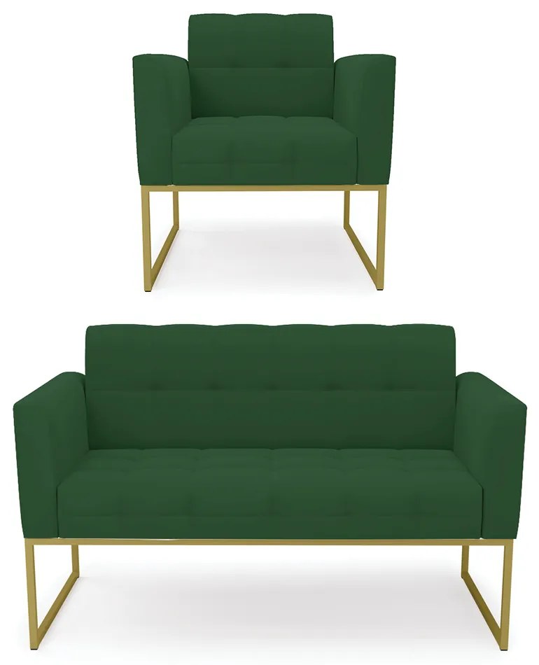 Kit 1 Sofá Namoradeira e 1 Poltrona Elisa Veludo Base Metálica Industrial Dourado - D'Rossi - Verde