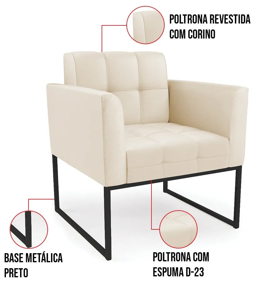 Kit 1 Sofá Namoradeira e 2 Poltronas Elisa Corino Base Metálica Industrial Preto D03 - D'Rossi - Bege