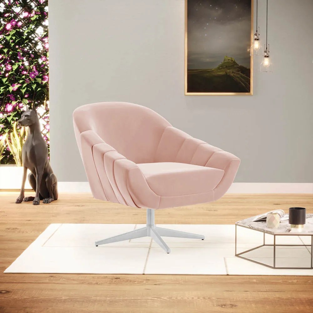 Poltrona Giratória Giovana Veludo Base Cromada D03 - D'Rossi - Rose