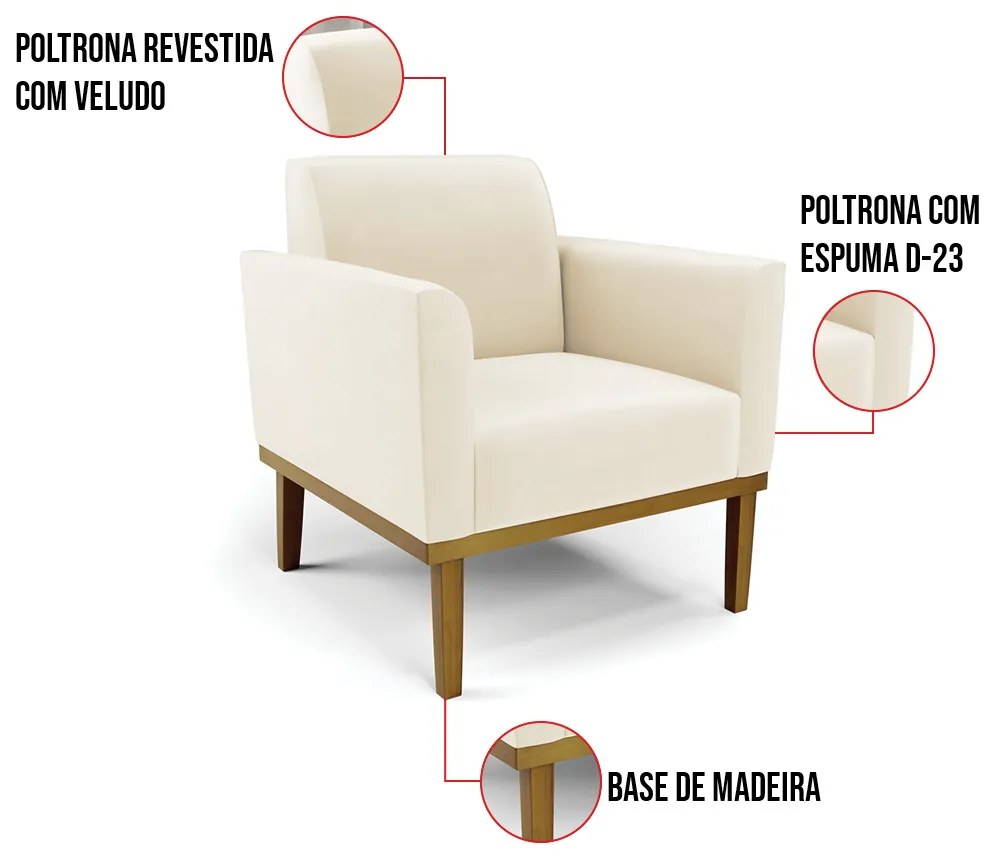 Poltrona Base de Madeira Fixa Castanho Marisa Veludo  D03 - D'Rossi - Bege