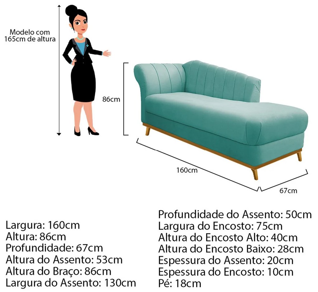 Recamier Vanessa 160cm Lado Esquerdo Suede Azul Tiffany - ADJ Decor