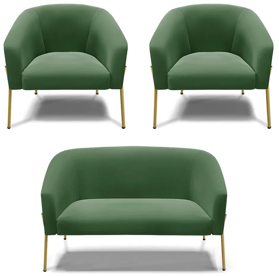 Namoradeira e 2 Poltronas Pé de Ferro Dourado Stella Suede Verde D03 - D'Rossi