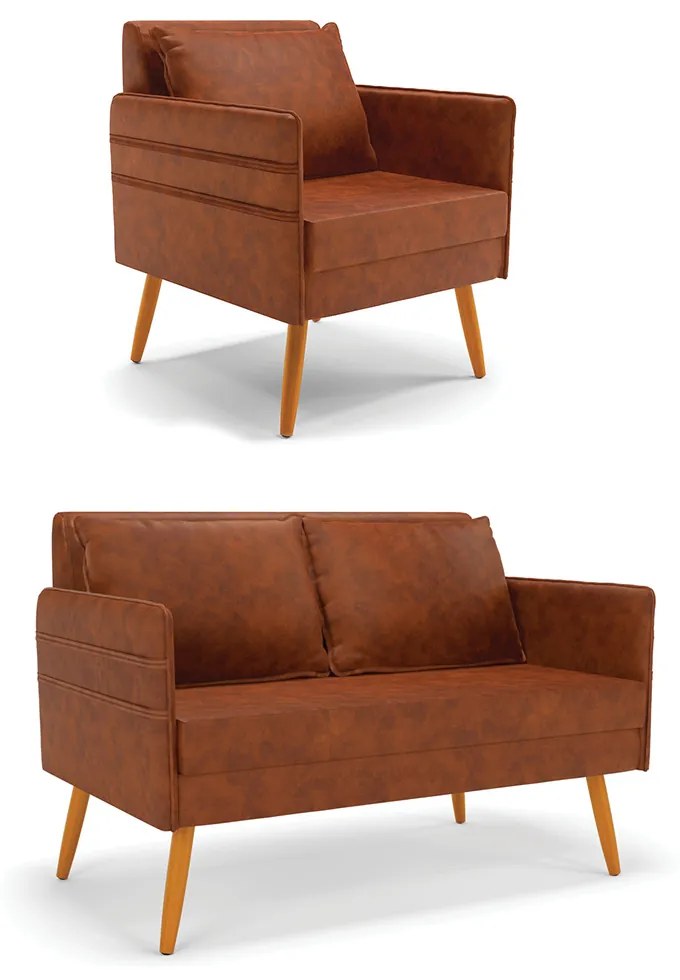 Kit 01 Namoradeira 02 Lugares e 01 Poltrona Mari Corano Nozes Pés Palito Castanho - D'Rossi