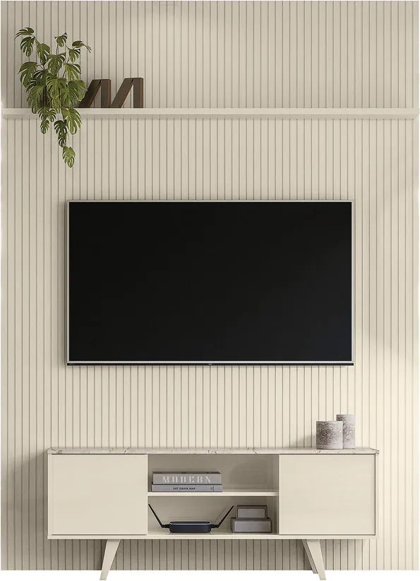 Conjunto Painel com Bancada Morpheus 2 Portas Deslizantes MDP até 65 Calacata/OffWhite G97 - Gran Belo