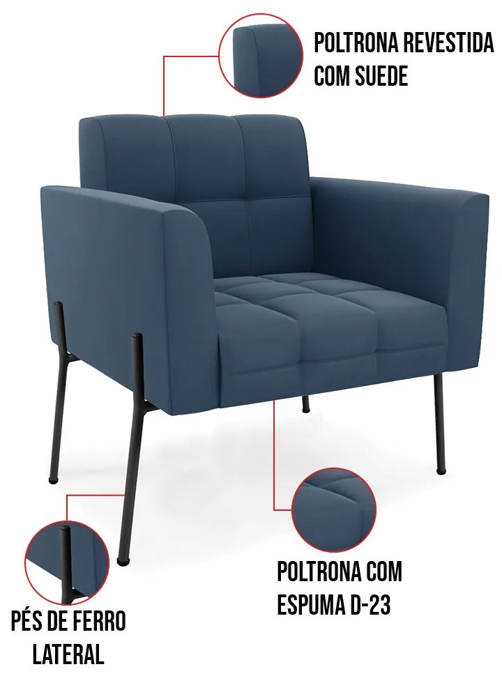 Poltrona Pé de Ferro Preto para Sala Elisa Suede D03 - D'Rossi - Azul Marinho