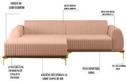 Sofá 245cm 4 Lugares com Chaise Esquerdo Pés Gold Molino C-105 Linho R