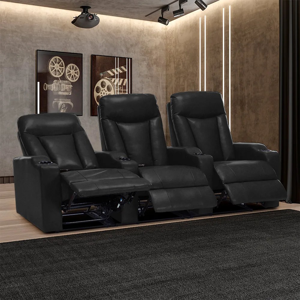 Poltrona Sala de Cinema 3 Lugares Elétrica Reclinável Califórnia Aquecimento Massagem Entrada USB/USB-C PU Preto G94 - Gran Belo