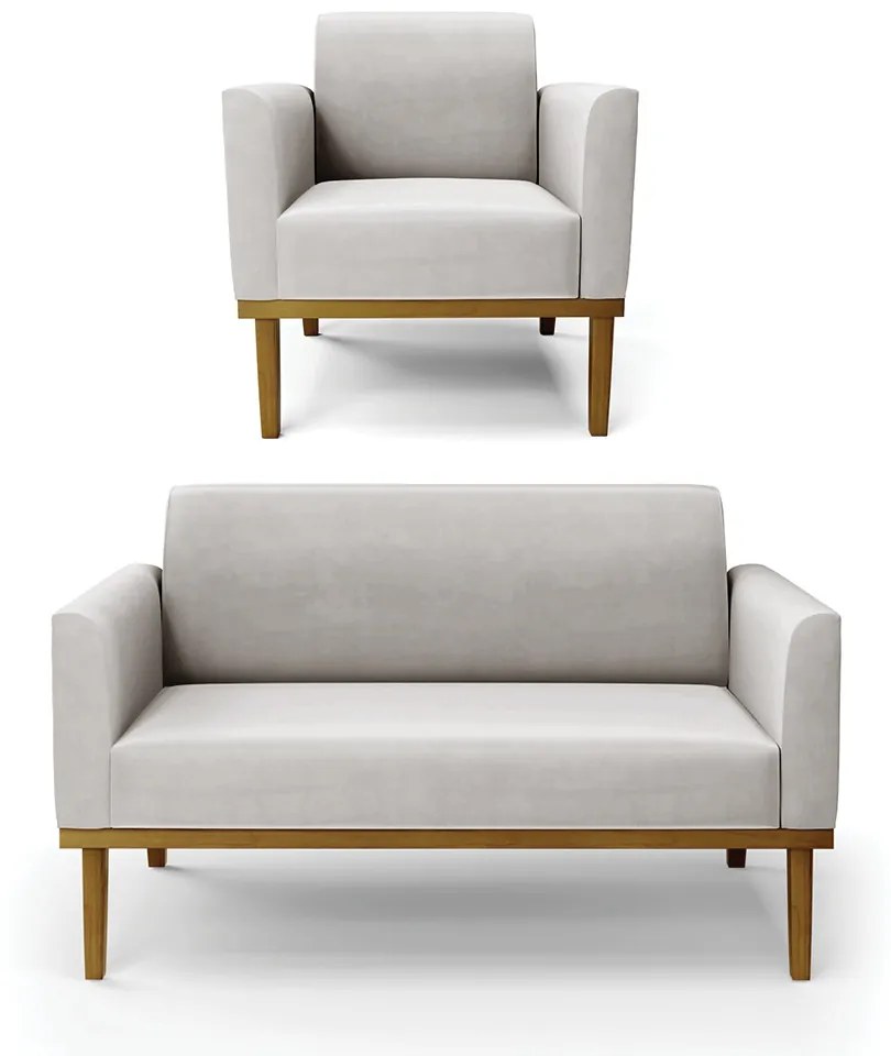 Conjunto Poltrona e Namoradeira Decorativa Isabella Pés Fixo em Madeira Castanho Veludo Cinza G19 - Gran Belo
