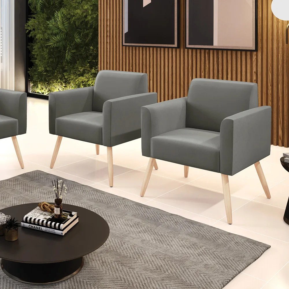 Kit 2 Poltronas Pés Palito Natural Marisa Suede Grafite D03 - DRossi