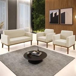 Sofá Namoradeira e 2 Poltronas Base Madeira Castanho Maressa Suede Beg