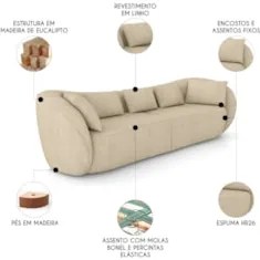 Sofá 3 Lugares 272cm Orgânico Pé Madeira Yume Linho Bege Z55 - Mpozena