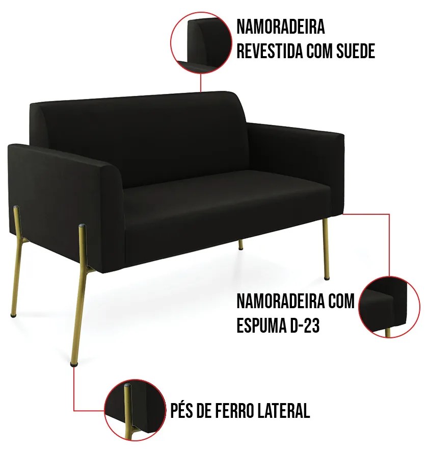 Sofá Namoradeira 2 Lugares Pé de Ferro Dourado Marisa Suede D03 - D'Rossi - Preto