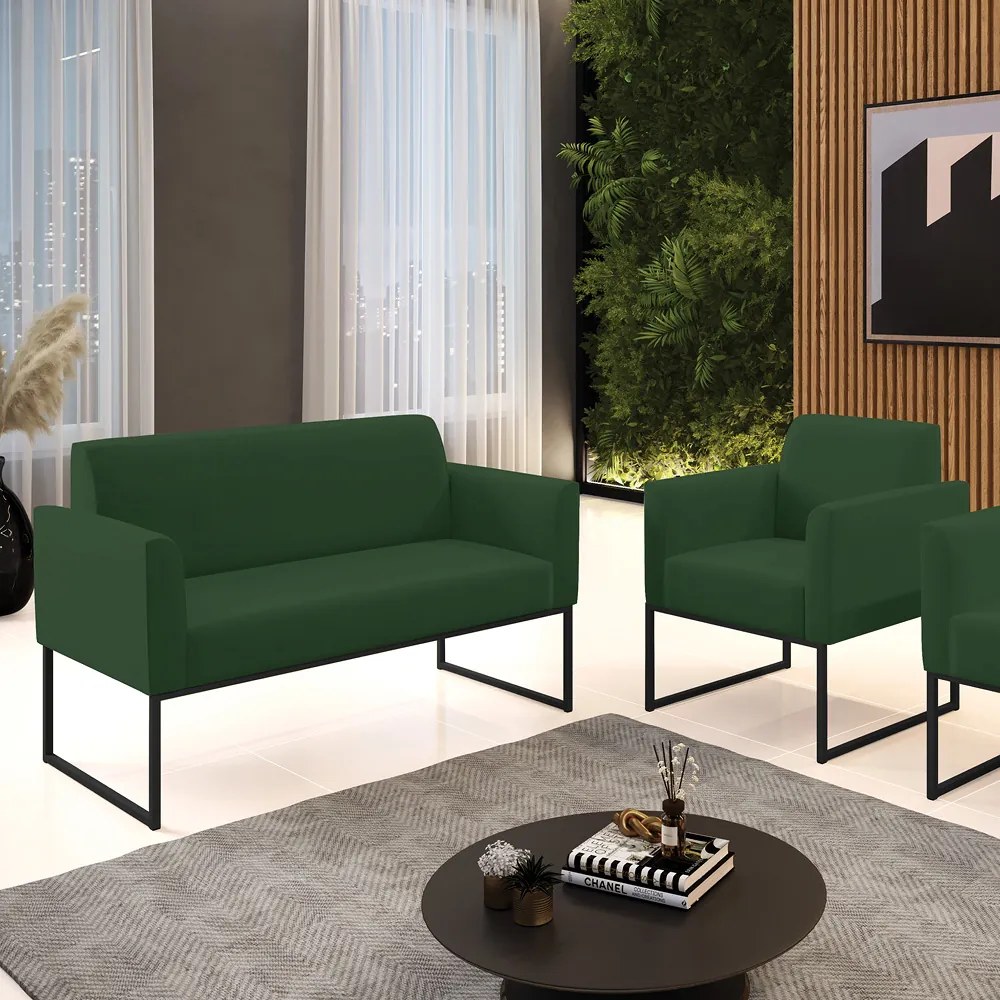 Sofá Namoradeira com Poltrona Base Industrial Preto Marisa Veludo D03 - DRossi - Verde