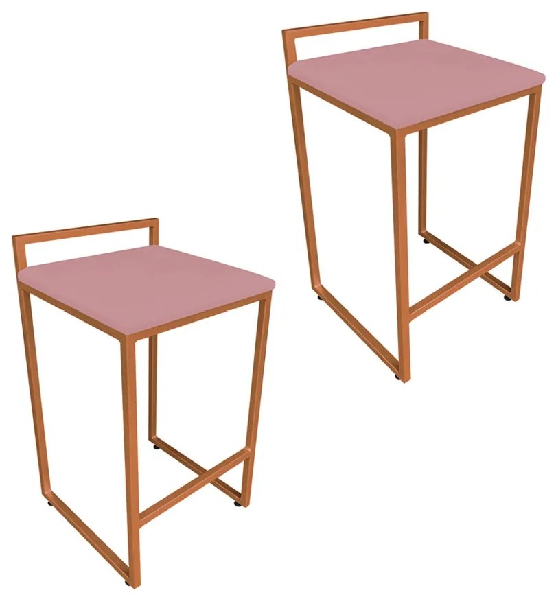 Conjunto 02 Banqueta Alta Industrial Pietra Suede Rose Base Cobre D'Rossi