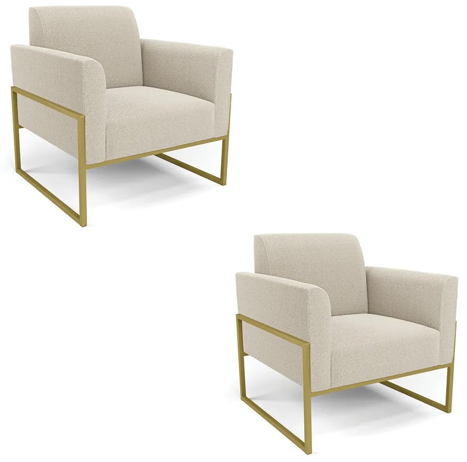 Poltrona Sala Estar Industrial Alta Dourado Kit 2 Marisa Bouclê Bege