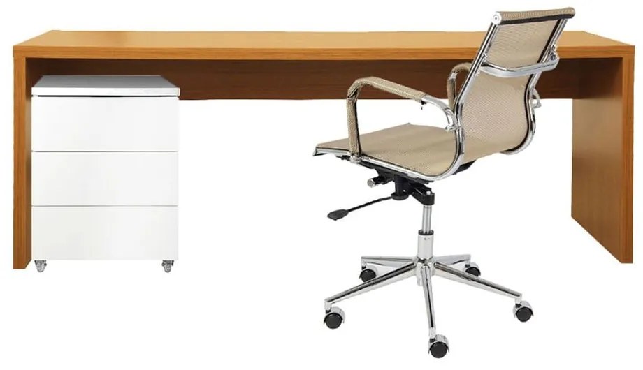 Conjunto Office - Bancada Contemporânea Louro Freijó 1,36m + Módulo Contemporâneo Branco 42,5cm + Cadeira de Escritório Noruega Cobre