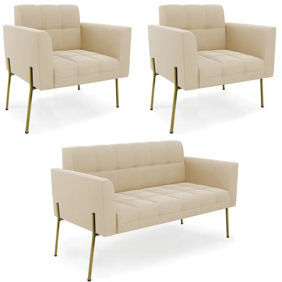 Sofá Namoradeira e 2 Poltronas Pé de Ferro Dourado Elisa Suede D03 - D'Rossi - Bege