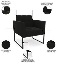 Sofá Namoradeira e 2 Poltronas Base Industrial Preto Ana Suede Preto -