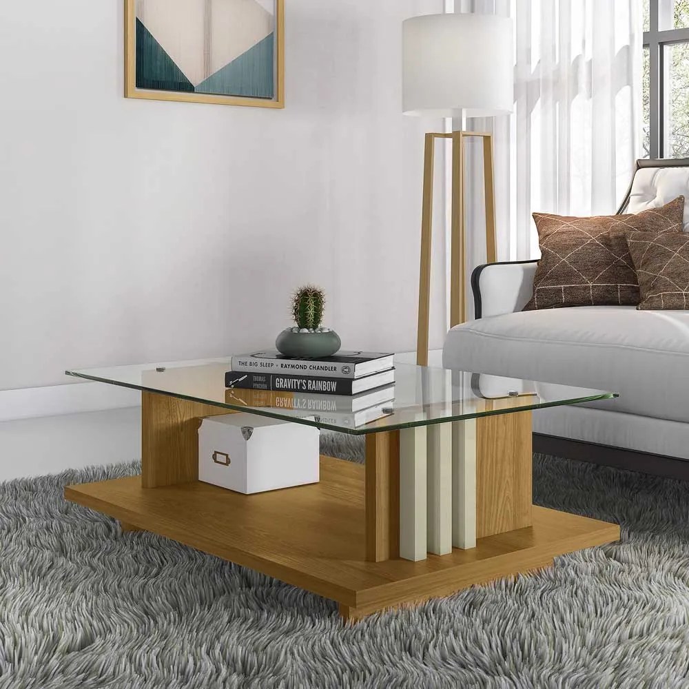Mesa de Centro Decorativa Tampo em Vidro Gusmao MDP Cumaru/Opala G97 - Gran Belo