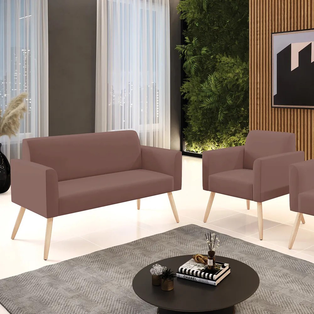 Sofá Namoradeira com Poltrona Pés Palito Natural Marisa Veludo D03 - D'Rossi - Rose