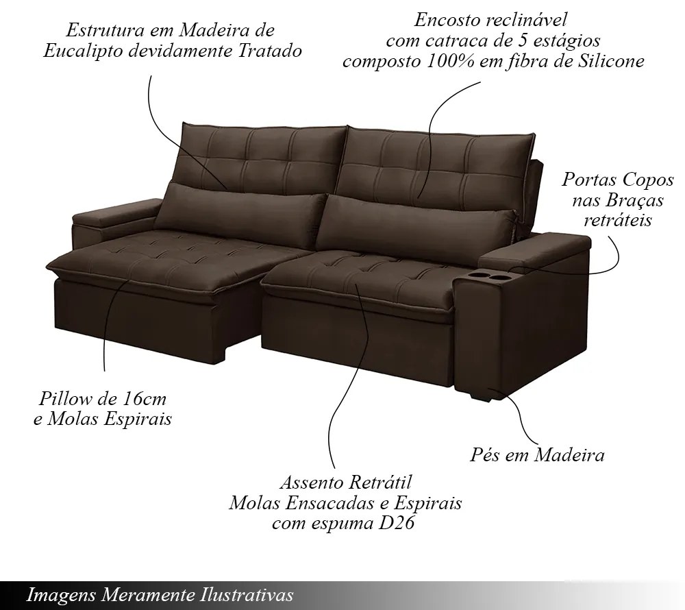 Sofá Retrátil e Reclinável 3 Lugares 210cm Robem Porta Copos no Braço Veludo Marrom G22 - Gran Belo