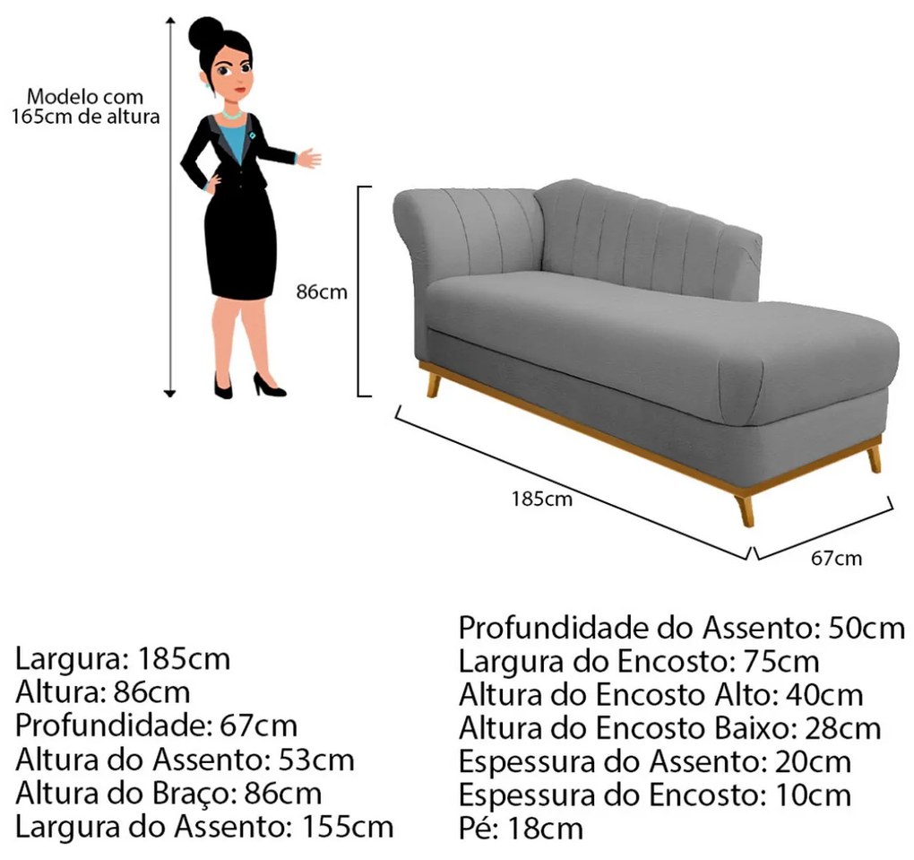 Recamier Vanessa 185cm Lado Direito Corano Cinza - ADJ Decor