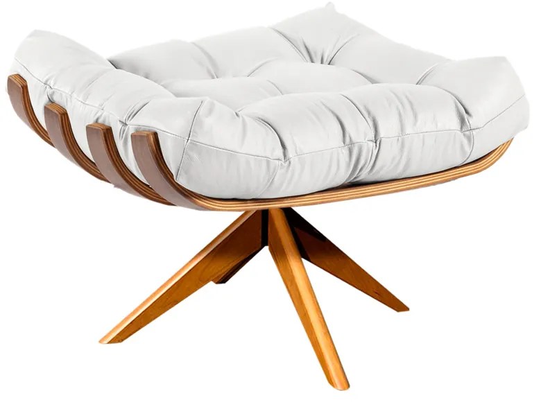 Poltrona com Puff Giratório Costela Couro Branco Base de Madeira MA30 M11 - D'Rossi