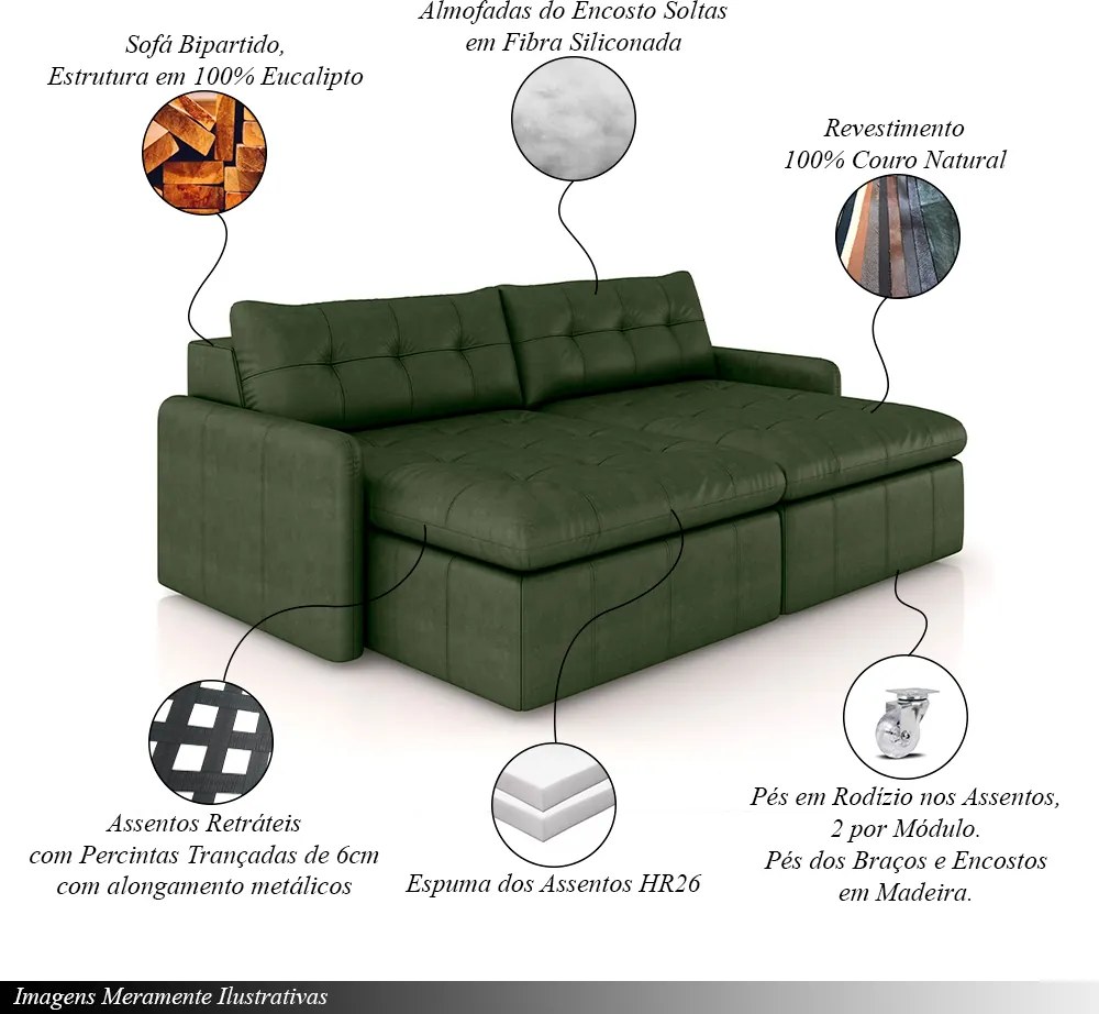 Sofá Retrátil Bipartido Sala de Estar Belém 264cm Couro Verde Manchado G52 - Gran Belo